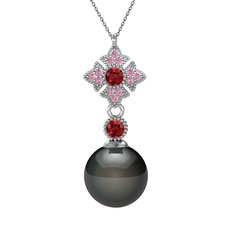 Siyah inci, garnet ve pembe kuvars 925 ayar gümüş kolye (40 cm gümüş rolo zincir)