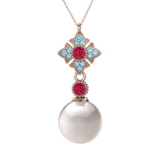 Teimei İnci Kolye - Inci, rodolit garnet ve akuamarin 925 ayar rose altın kaplama gümüş kolye (40 cm rose altın rolo zincir) #vmjc27