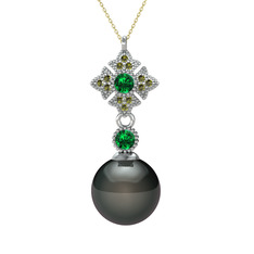 Teimei İnci Kolye - Siyah inci, yeşil kuvars ve peridot 14 ayar beyaz altın kolye (40 cm altın rolo zincir) #vu8agf