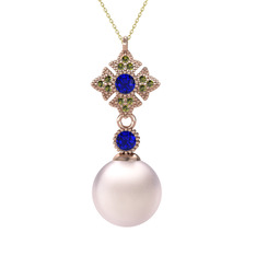 Pembe inci, lab safir ve peridot 8 ayar rose altın kolye (40 cm altın rolo zincir)
