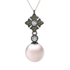 Teimei İnci Kolye - Pembe inci, beyaz zirkon ve peridot 925 ayar siyah rodyum kaplama gümüş kolye (40 cm rose altın rolo zincir) #wd7l5x