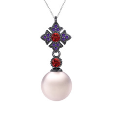 Teimei İnci Kolye - Pembe inci, garnet ve ametist 925 ayar siyah rodyum kaplama gümüş kolye (40 cm beyaz altın rolo zincir) #wh7dtn