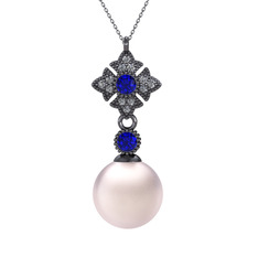 Pembe inci, lab safir ve pırlanta 925 ayar siyah rodyum kaplama gümüş kolye (0.1056 karat, 40 cm gümüş rolo zincir)
