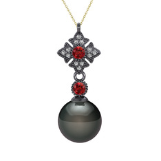 Teimei İnci Kolye - Siyah inci, garnet ve beyaz zirkon 925 ayar siyah rodyum kaplama gümüş kolye (40 cm altın rolo zincir) #wl1g69