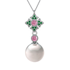 Inci, pembe kuvars ve yeşil kuvars 8 ayar beyaz altın kolye (40 cm gümüş rolo zincir)
