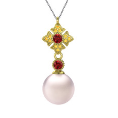 Teimei İnci Kolye - Pembe inci, garnet ve sitrin 14 ayar altın kolye (40 cm gümüş rolo zincir) #ws7zj9