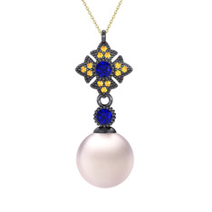 Teimei İnci Kolye - Pembe inci, lab safir ve sitrin 925 ayar siyah rodyum kaplama gümüş kolye (40 cm gümüş rolo zincir) #wvaepp