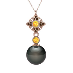 Teimei İnci Kolye - Siyah inci, sitrin ve dumanlı kuvars 14 ayar rose altın kolye (40 cm gümüş rolo zincir) #x4xqxj