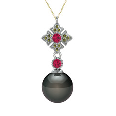 Teimei İnci Kolye - Siyah inci, rodolit garnet ve peridot 14 ayar beyaz altın kolye (40 cm altın rolo zincir) #x6cd7y