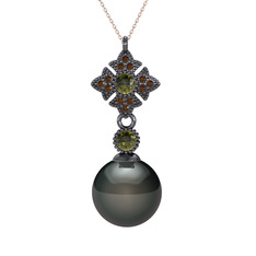 Teimei İnci Kolye - Siyah inci, peridot ve dumanlı kuvars 925 ayar siyah rodyum kaplama gümüş kolye (40 cm rose altın rolo zincir) #x9fvtj