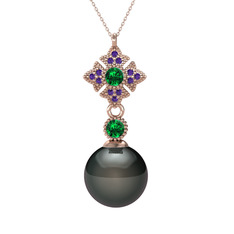 Siyah inci, yeşil kuvars ve ametist 925 ayar rose altın kaplama gümüş kolye (40 cm rose altın rolo zincir)