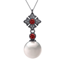 Inci, garnet ve pırlanta 925 ayar siyah rodyum kaplama gümüş kolye (0.1056 karat, 40 cm gümüş rolo zincir)