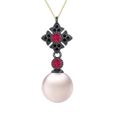 Pembe inci, rodolit garnet ve siyah zirkon 925 ayar siyah rodyum kaplama gümüş kolye (40 cm altın rolo zincir)