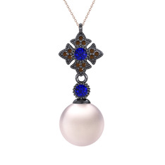 Pembe inci, lab safir ve dumanlı kuvars 925 ayar siyah rodyum kaplama gümüş kolye (40 cm rose altın rolo zincir)