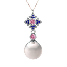 Teimei İnci Kolye - Inci, pembe kuvars ve lab safir 925 ayar gümüş kolye (40 cm rose altın rolo zincir) #ycabn5