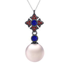 Teimei İnci Kolye - Pembe inci, lab safir ve garnet 925 ayar siyah rodyum kaplama gümüş kolye (40 cm gümüş rolo zincir) #ycrxpm