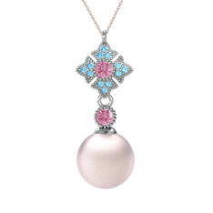 Teimei İnci Kolye - Pembe inci, pembe kuvars ve akuamarin 14 ayar beyaz altın kolye (40 cm rose altın rolo zincir) #ye36j7