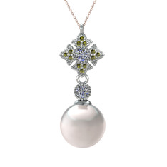 Teimei İnci Kolye - Inci, pırlanta ve peridot 925 ayar gümüş kolye (0.22 karat, 40 cm rose altın rolo zincir) #yhq203