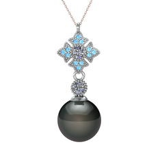 Teimei İnci Kolye - Siyah inci, pırlanta ve akuamarin 14 ayar beyaz altın kolye (0.22 karat, 40 cm rose altın rolo zincir) #yij7mf