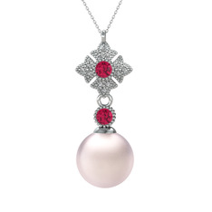 Pembe inci, rodolit garnet ve beyaz zirkon 8 ayar beyaz altın kolye (40 cm gümüş rolo zincir)