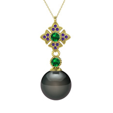 Teimei İnci Kolye - Siyah inci, yeşil kuvars ve ametist 8 ayar altın kolye (40 cm altın rolo zincir) #yqek7f