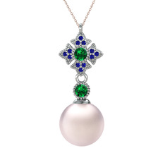 Teimei İnci Kolye - Pembe inci, yeşil kuvars ve lab safir 8 ayar beyaz altın kolye (40 cm gümüş rolo zincir) #z255eq