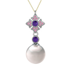 Teimei İnci Kolye - Inci, ametist ve pembe kuvars 925 ayar gümüş kolye (40 cm altın rolo zincir) #zdscxs