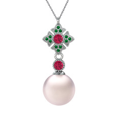 Pembe inci, rodolit garnet ve yeşil kuvars 8 ayar beyaz altın kolye (40 cm gümüş rolo zincir)