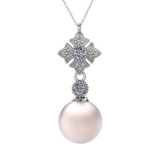 Pembe inci, pırlanta ve beyaz zirkon 14 ayar beyaz altın kolye (0.22 karat, 40 cm beyaz altın rolo zincir)
