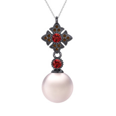 Teimei İnci Kolye - Pembe inci, garnet ve dumanlı kuvars 925 ayar siyah rodyum kaplama gümüş kolye (40 cm beyaz altın rolo zincir) #zqsmmr
