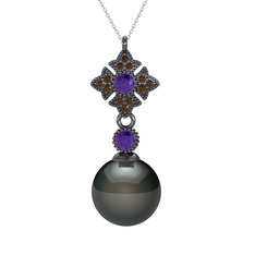 Teimei İnci Kolye - Siyah inci, ametist ve dumanlı kuvars 925 ayar siyah rodyum kaplama gümüş kolye (40 cm beyaz altın rolo zincir) #zrwu9b