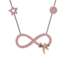 Pembe kuvars 14 ayar rose altın kolye (40 cm gümüş rolo zincir)