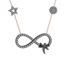 Yusufçuk Sonsuzluk Kolye - Swarovski 925 ayar siyah rodyum kaplama gümüş kolye (40 cm rose altın rolo zincir) #1a8edtn