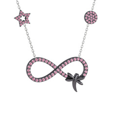 Yusufçuk Sonsuzluk Kolye - Pembe kuvars 925 ayar siyah rodyum kaplama gümüş kolye (40 cm beyaz altın rolo zincir) #1cvfgbg