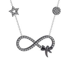 Yusufçuk Sonsuzluk Kolye - Beyaz zirkon 925 ayar siyah rodyum kaplama gümüş kolye (40 cm gümüş rolo zincir) #1qp7u4m