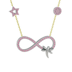 Yusufçuk Sonsuzluk Kolye - Pembe kuvars 8 ayar beyaz altın kolye (40 cm gümüş rolo zincir) #1w1kxlv