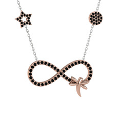 Siyah zirkon 925 ayar rose altın kaplama gümüş kolye (40 cm beyaz altın rolo zincir)