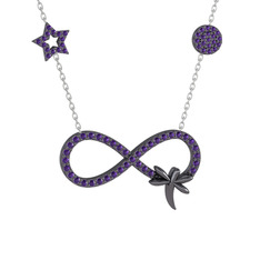 Yusufçuk Sonsuzluk Kolye - Ametist 925 ayar siyah rodyum kaplama gümüş kolye (40 cm beyaz altın rolo zincir) #3wt7se