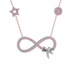Yusufçuk Sonsuzluk Kolye - Pembe kuvars 18 ayar beyaz altın kolye (40 cm rose altın rolo zincir) #mmcid8