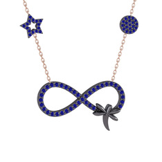 Yusufçuk Sonsuzluk Kolye - Lab safir 925 ayar siyah rodyum kaplama gümüş kolye (40 cm rose altın rolo zincir) #noa2f