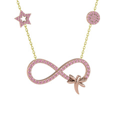 Yusufçuk Sonsuzluk Kolye - Pembe kuvars 925 ayar rose altın kaplama gümüş kolye (40 cm altın rolo zincir) #xix895