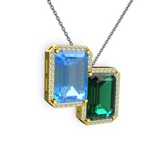 Avis Kolye - Akuamarin, yeşil kuvars ve swarovski 18 ayar altın kolye (40 cm gümüş rolo zincir) #103hg0