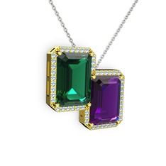 Avis Kolye - Yeşil kuvars, ametist ve akuamarin 18 ayar altın kolye (40 cm gümüş rolo zincir) #107biao