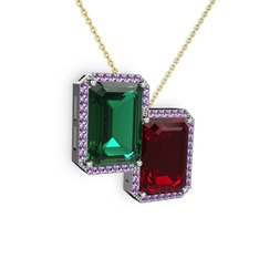 Avis Kolye - Yeşil kuvars, garnet ve ametist 18 ayar beyaz altın kolye (40 cm altın rolo zincir) #109mguw