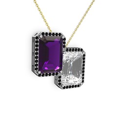 Avis Kolye - Ametist, beyaz zirkon ve siyah zirkon 14 ayar beyaz altın kolye (40 cm gümüş rolo zincir) #10hjrzr