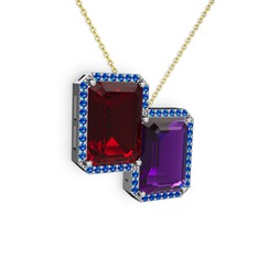 Garnet, ametist ve lab safir 8 ayar beyaz altın kolye (40 cm altın rolo zincir)