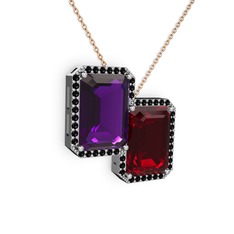 Avis Kolye - Ametist, garnet ve siyah zirkon 925 ayar gümüş kolye (40 cm rose altın rolo zincir) #10q20qv