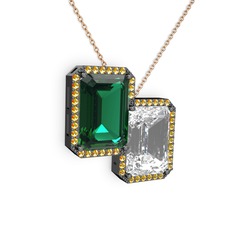 Yeşil kuvars, beyaz zirkon ve sitrin 925 ayar siyah rodyum kaplama gümüş kolye (40 cm rose altın rolo zincir)