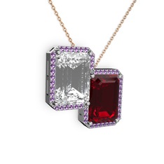 Beyaz zirkon, garnet ve ametist 18 ayar beyaz altın kolye (40 cm rose altın rolo zincir)