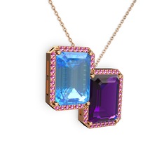 Akuamarin, ametist ve rodolit garnet 925 ayar rose altın kaplama gümüş kolye (40 cm rose altın rolo zincir)